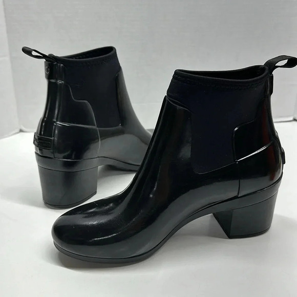 Hunter Heeled Rain Boots Ankle Boots Waterproof Refined Gloss Shiny Black Size 8 - Picture 1 of 11